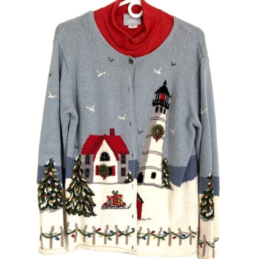 Northern Isles Vintage Christmas Cardigan Lighthouse L Gray + Blair Dickey